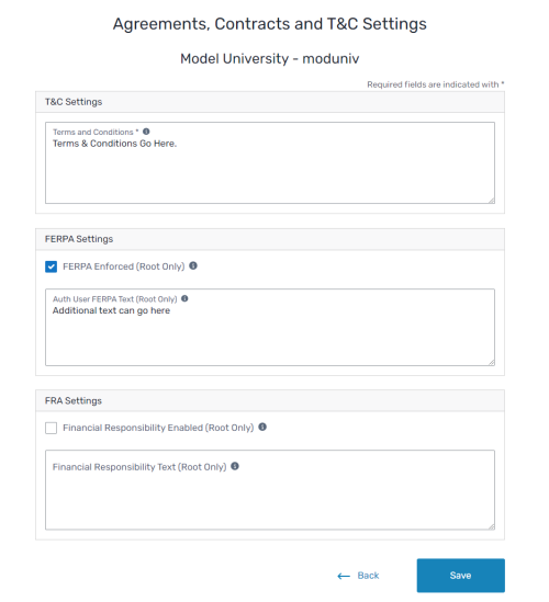 The Agreements, Contracts and T&C page with data entry fields